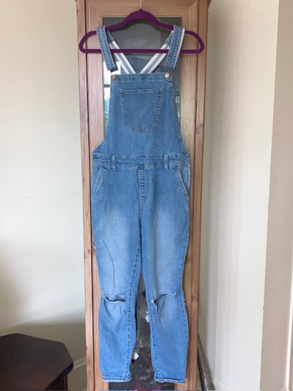 Forever 21 Distressed Denim Overalls‎ Women's 30 Tapered Leg Sz 10 Large